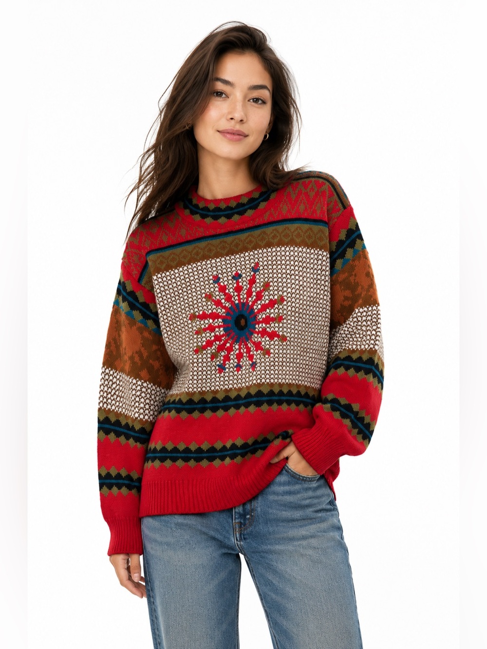 Vintage Retro Kitschy Fair Isle Geometric Sweater 3D Embroidered Maximalist Boho